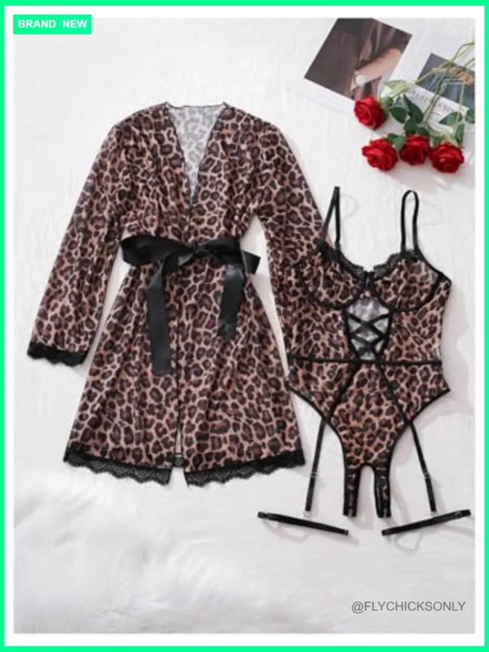 5 Piece Leopard Print Lingerie Set with Robe Bodysuit Garter